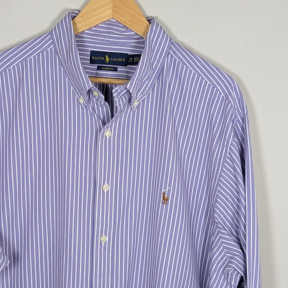 Ralph Lauren Mens Classic Fit Striped Button Down Shirt Purple White 18 36/37